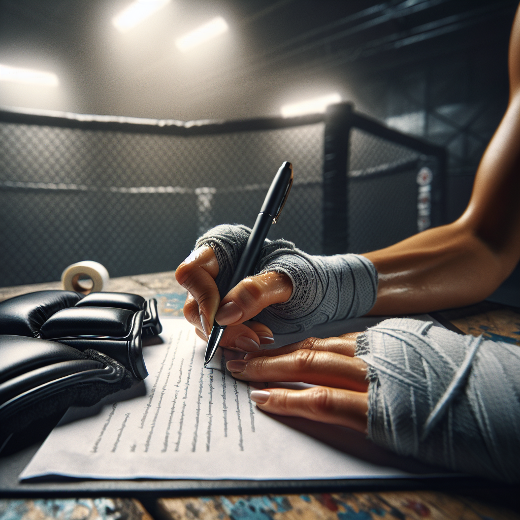 UFC contract signing close-up with MMA gloves in gym, moody dramatic lighting