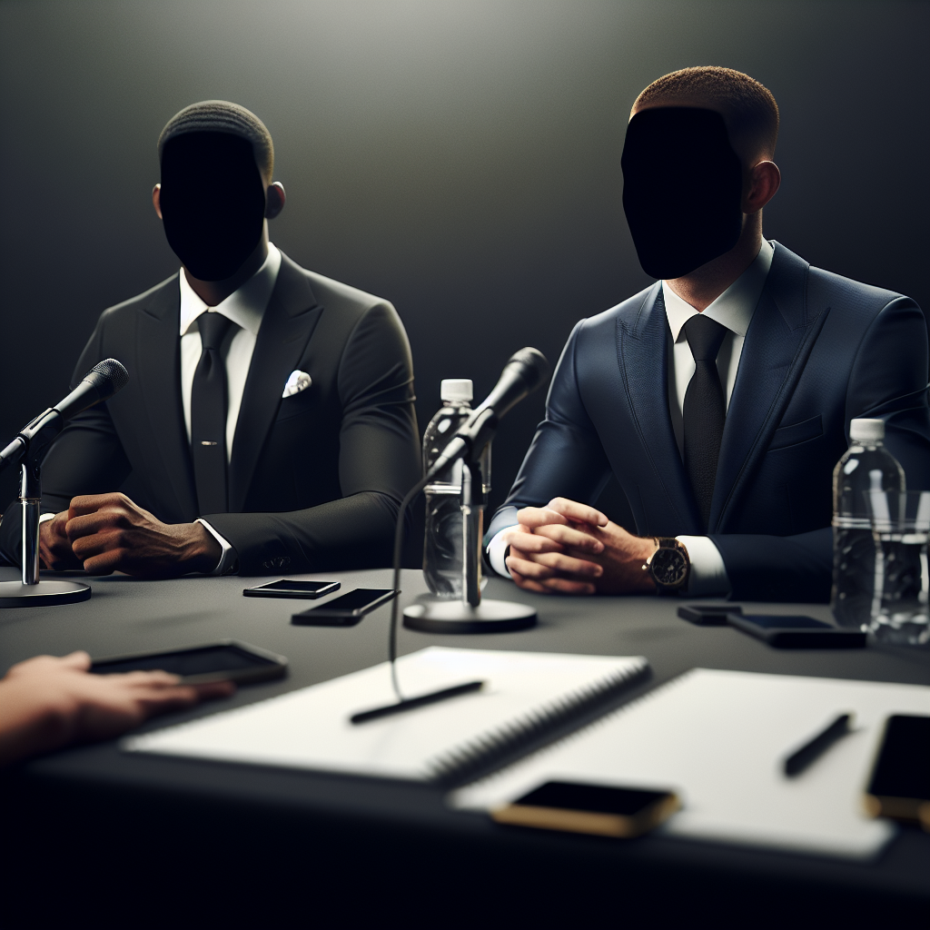 UFC mətbuat konfransında emosional an, döyüşçü mikrofon arxasında, jurnalistlərin smartfonları.